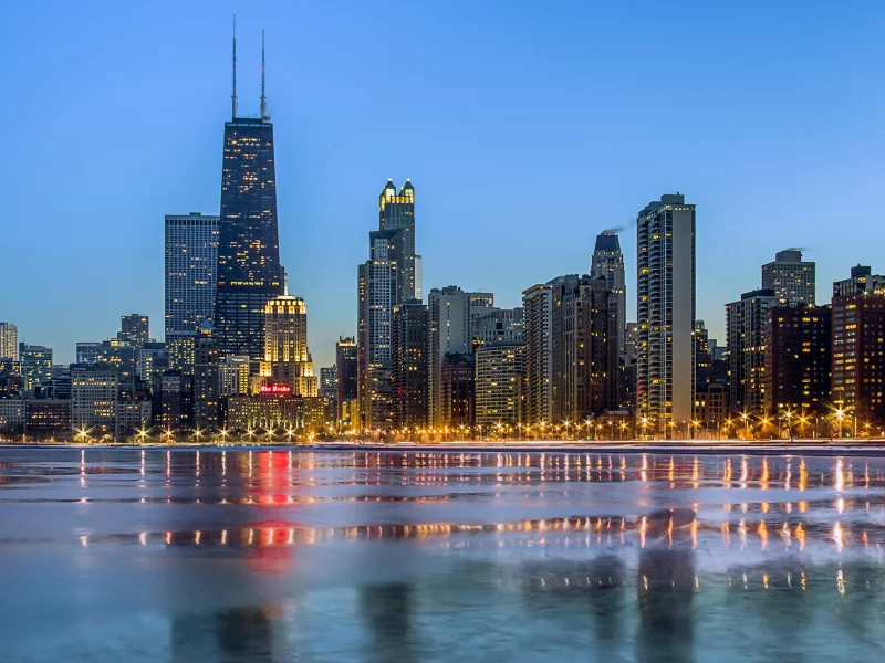 океан, chicago, город, зима, небоскребы, вечер, огни, чикаго