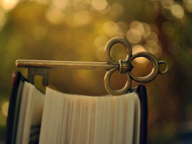 металлический, ключ, книга, боке