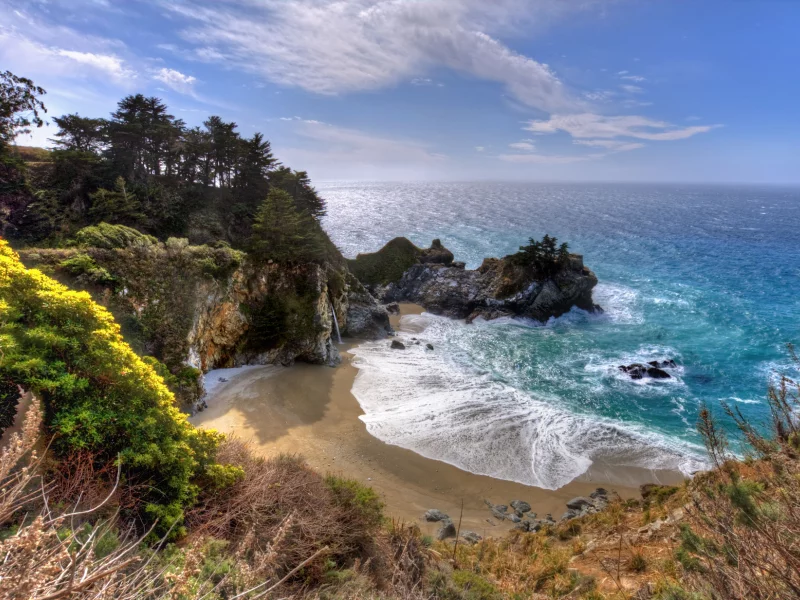 big sur, океан, бухта, california, скала, водопад