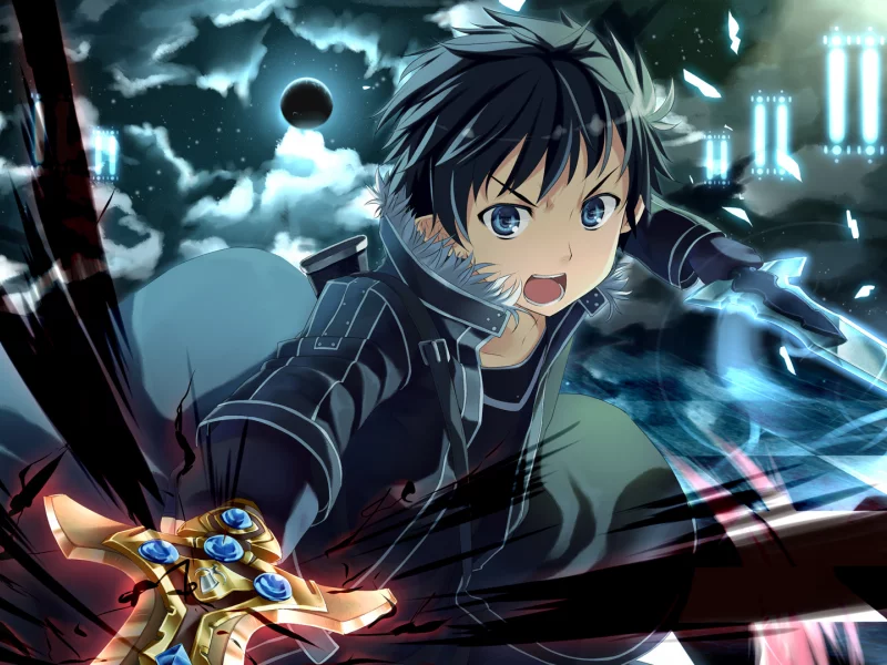 шахматка, луна, парень, оружие, меч, sword art online, арт