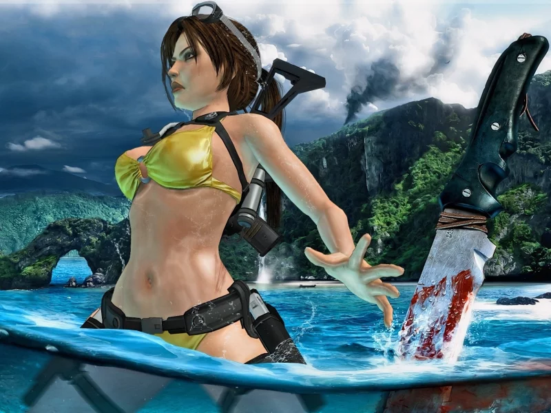 вода, lara croft, far cry 3, поза, нож, кровь, купальник, tomb raider
