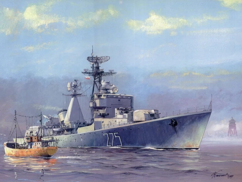 эсминец, рисунок, ракетный, вода, порт, арт, маяк, warszawa
