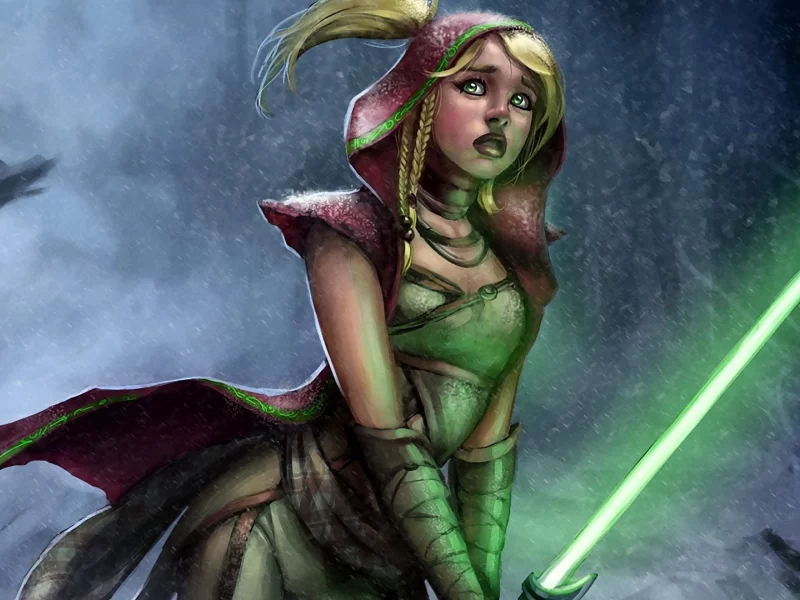 дождь, девушка, star wars, джедай, световой меч