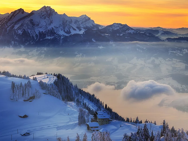 швейцария, зима, горы, снег, switzerland, деревня, закат