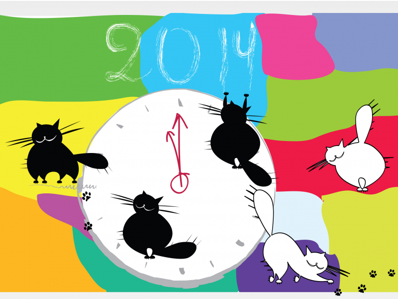 белый кот, черный кот, часы, новый год, 2014