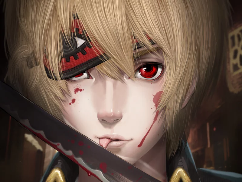 okita sougo, кровь, повязка, капли, меч, парень, gintama