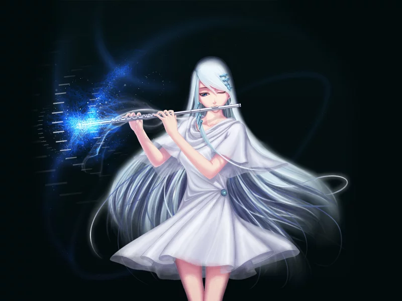 art, девушка, darkmuleth, магия, флейта, заколки, белое платье