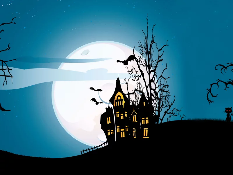 full moon, creepy, bat, holiday halloween, evil pumpkin, horror, trees, vector, scary house, castle