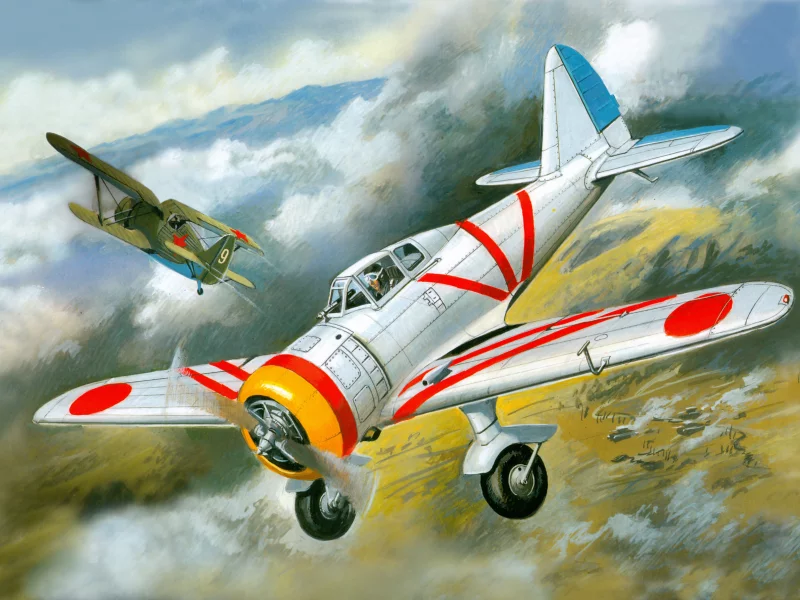 арт, японский, и, самолёты, истебители, ki-27, небо