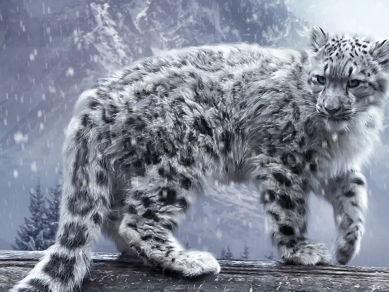 кошка, бревно, горы, леопард, ирбис, снег, барс