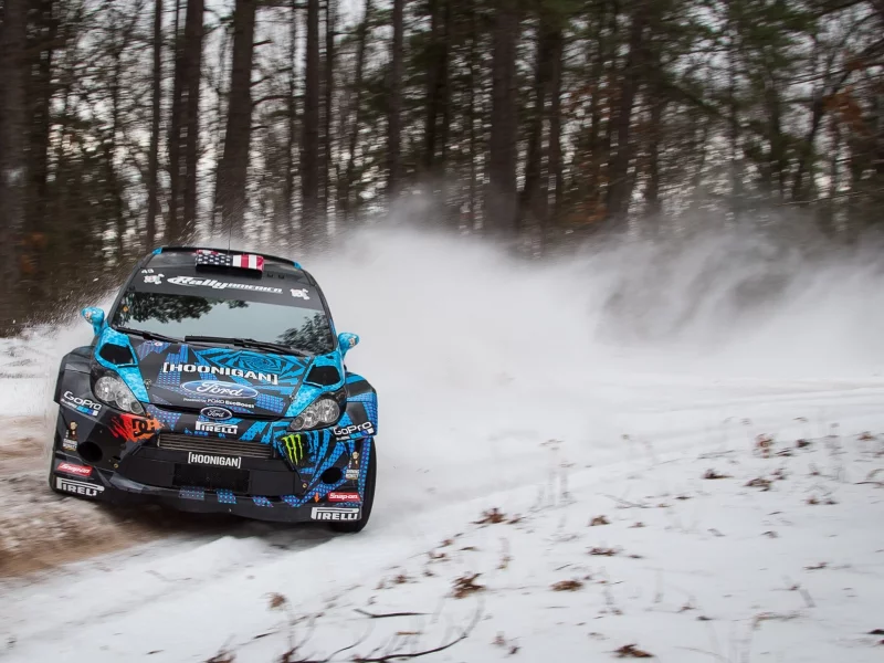 fiesta, rally, ford, wrc, занос, зима, форд, снег, поворот, деревья