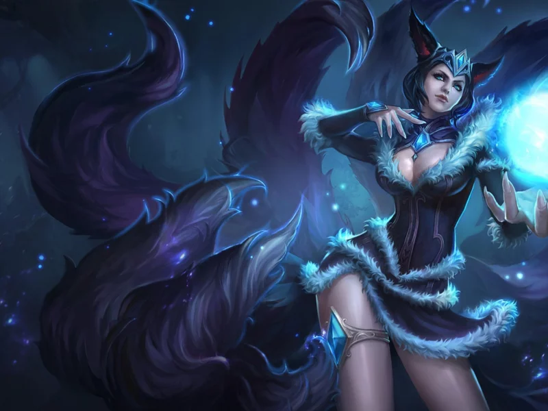 девушка, арт, шар, хвосты, ahri, lol, уши, league of legends, магия