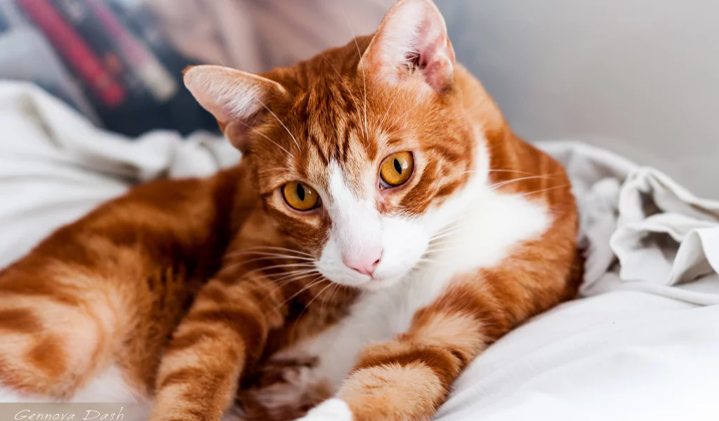 лежит, кошка, мордочка, кот, взгляд, рыжая
