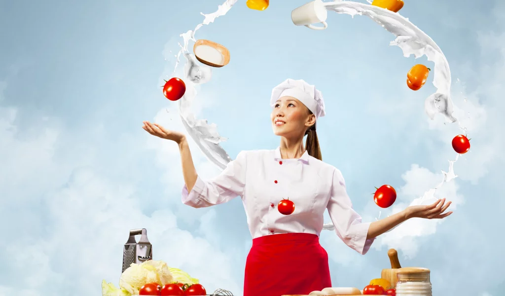 повар, девушка, овощи, помидоры, шатенка, кухня
