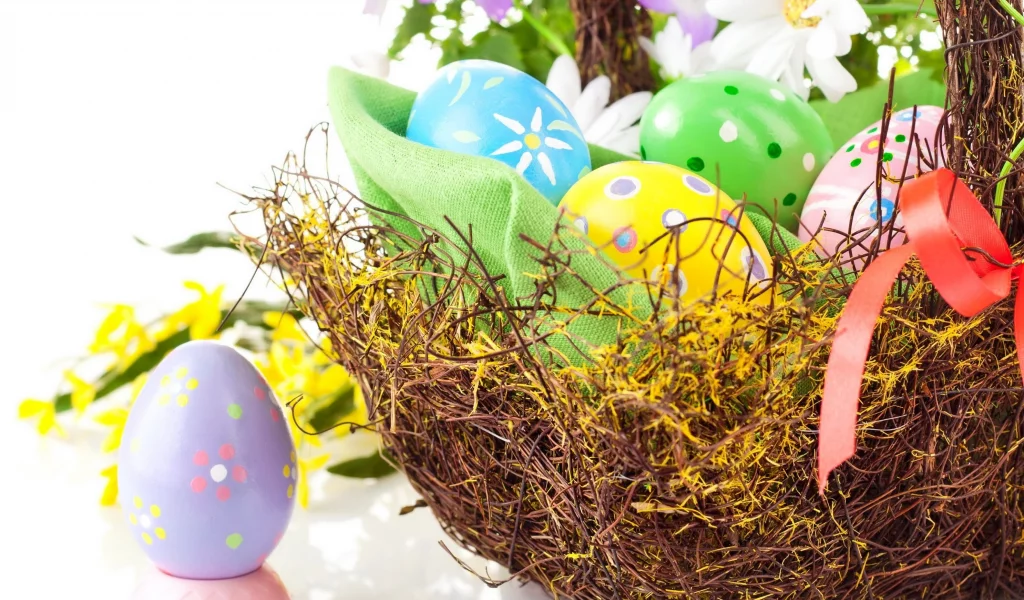 праздник, яйца, весна, лента, easter, пасха, корзина, цветы
