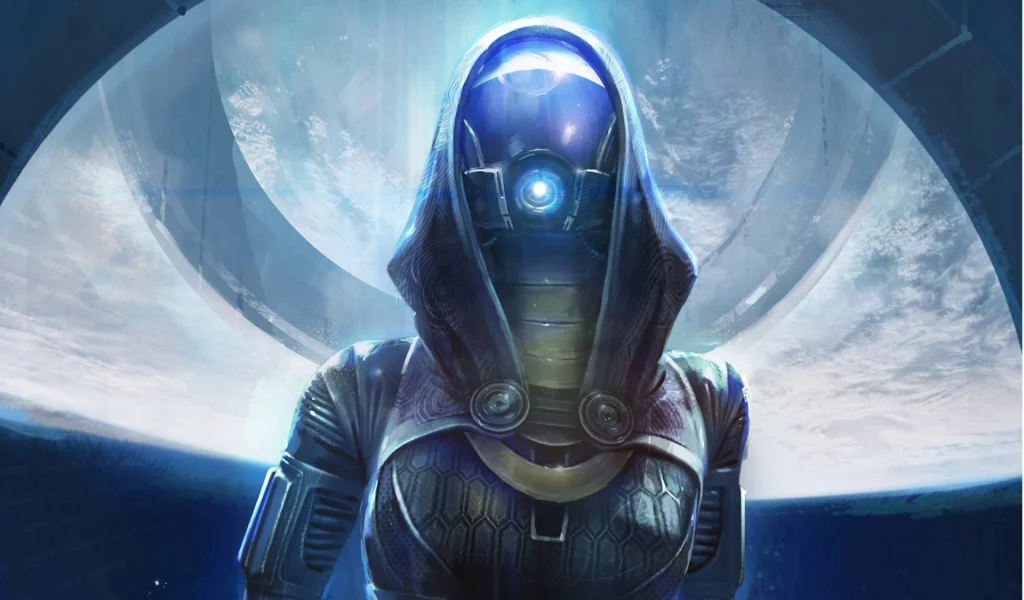 девушка, mass effect, арт, шлем, свет, tali 