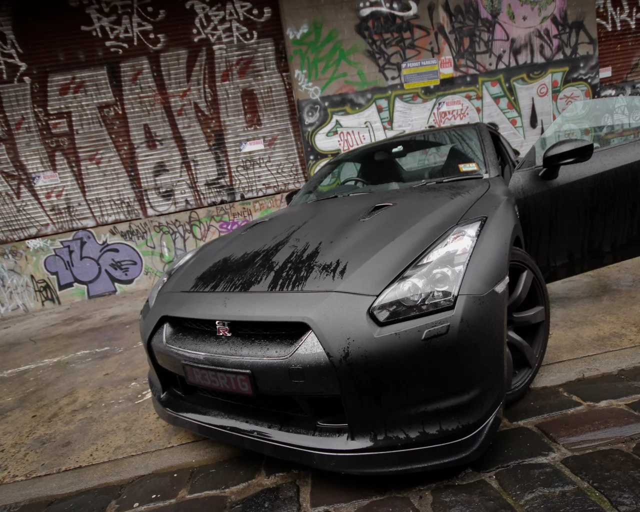 black, nissan, передок, gt-r, мокрая, граффити