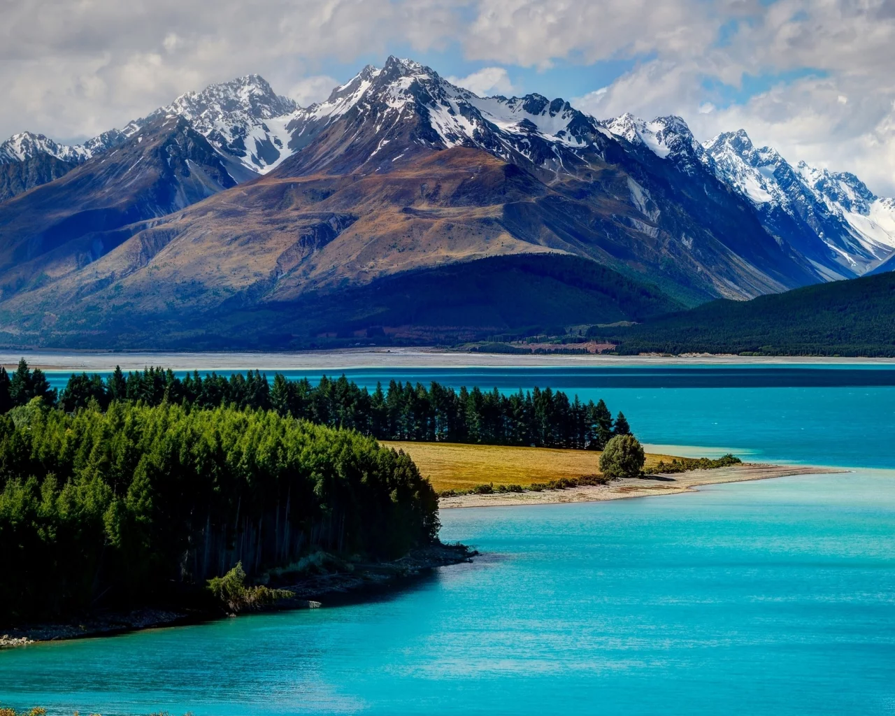 горы, озеро, lake tekapo, лес, new zealand, текапо, новая зеландия