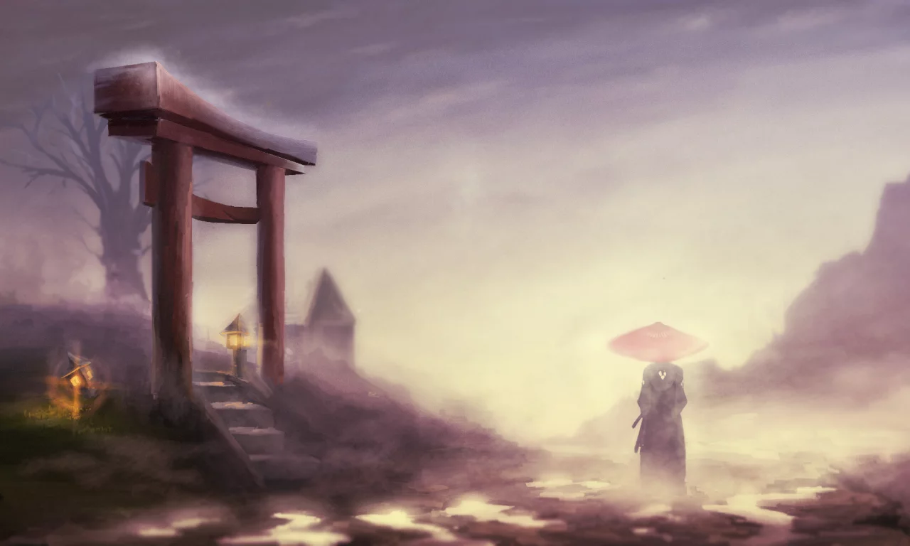 самурай, туман, пейзаж, samurai champloo, jin, мужчина, врата