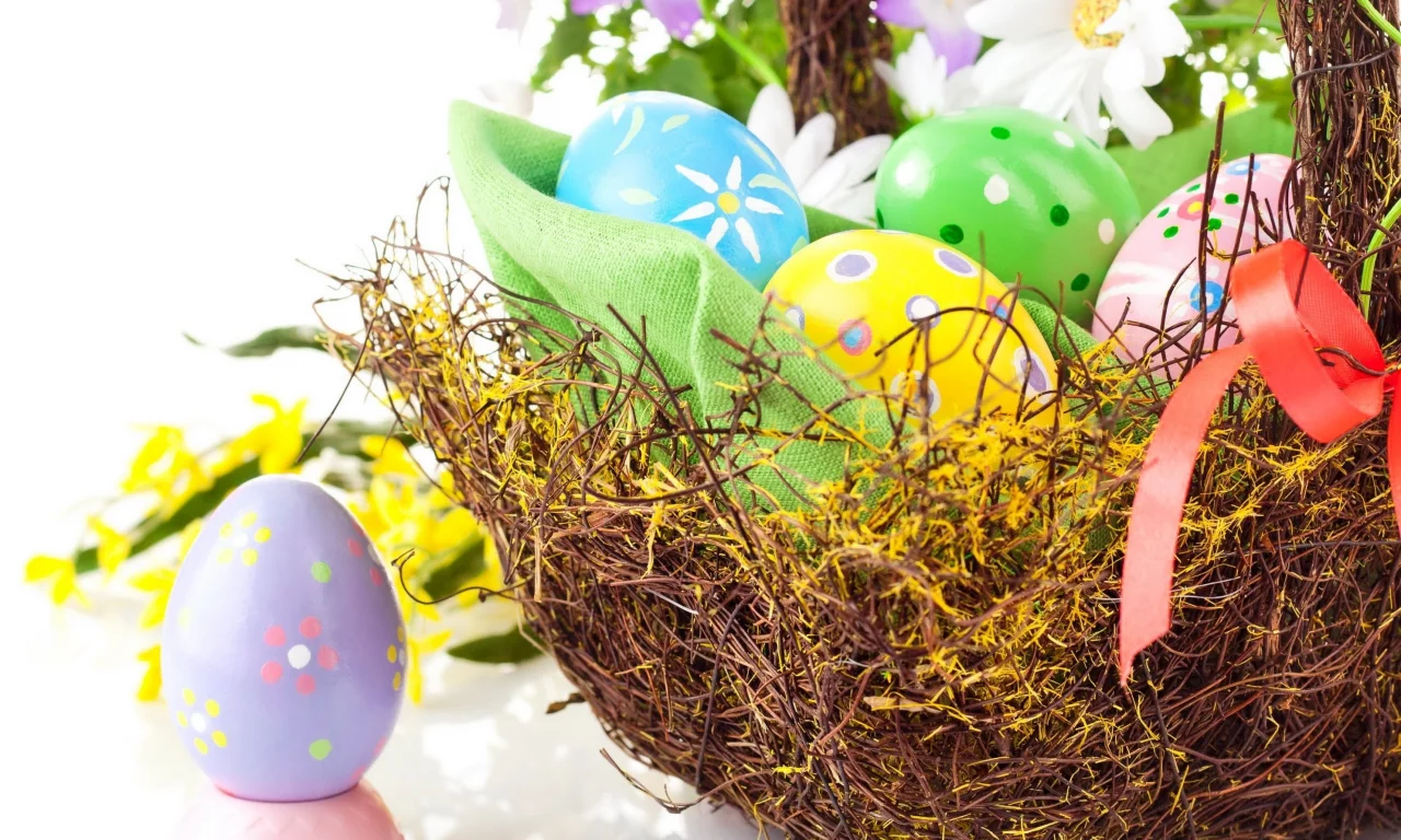 праздник, яйца, весна, лента, easter, пасха, корзина, цветы