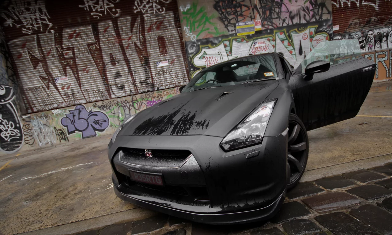 black, nissan, передок, gt-r, мокрая, граффити
