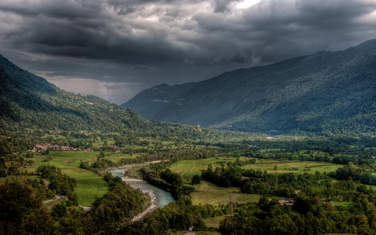 словения, небо, лето, кобарид, hdr, тучи, река соча, горы
