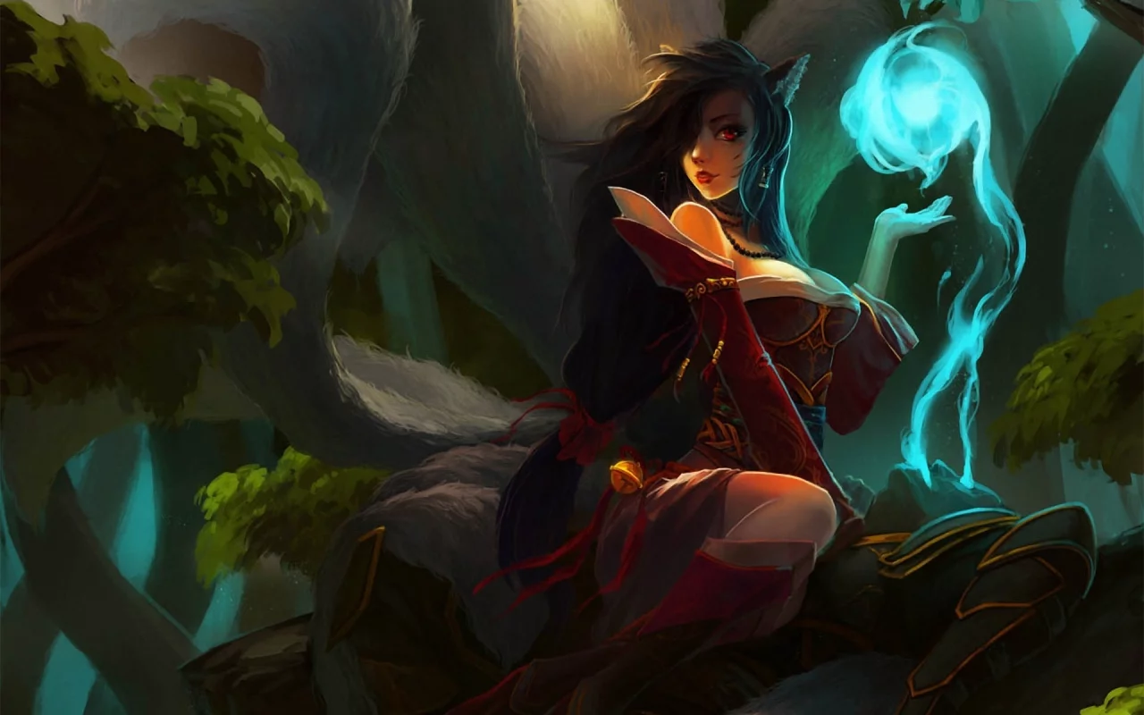 хвосты, девушка, ahri, арт, league of legends, lol, уши, магия, kan liu