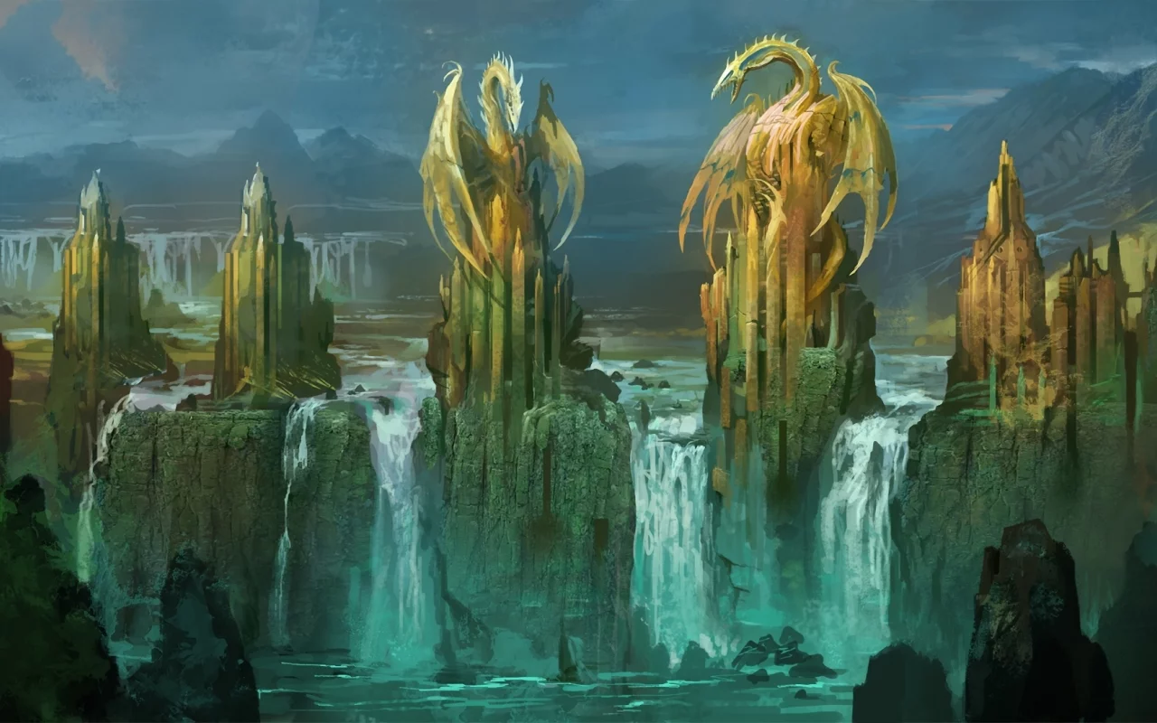 водопад, скалы, арт, статуи, башни, драконы, замок