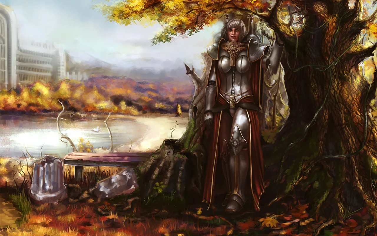 девушка, доспехи, warhammer, дерево, поза, осень, sisters of battle