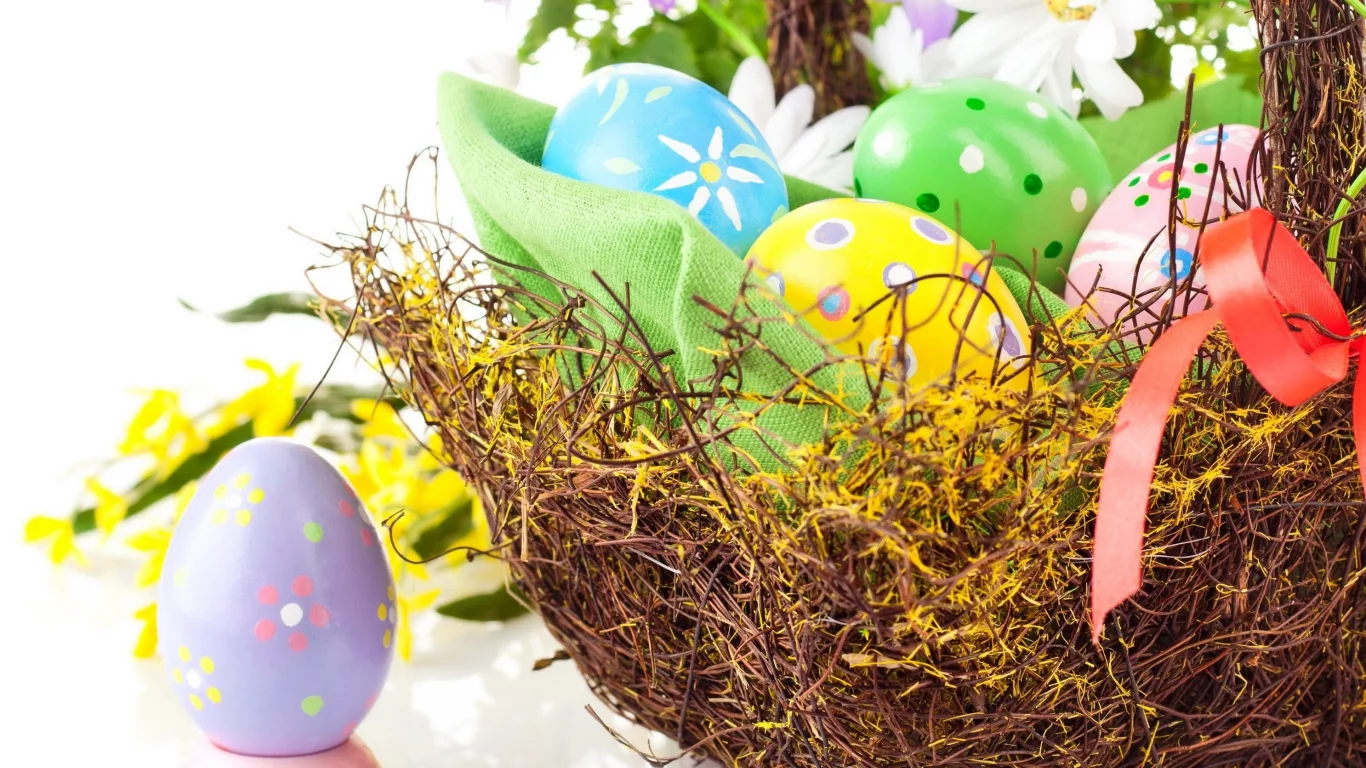 праздник, яйца, весна, лента, easter, пасха, корзина, цветы
