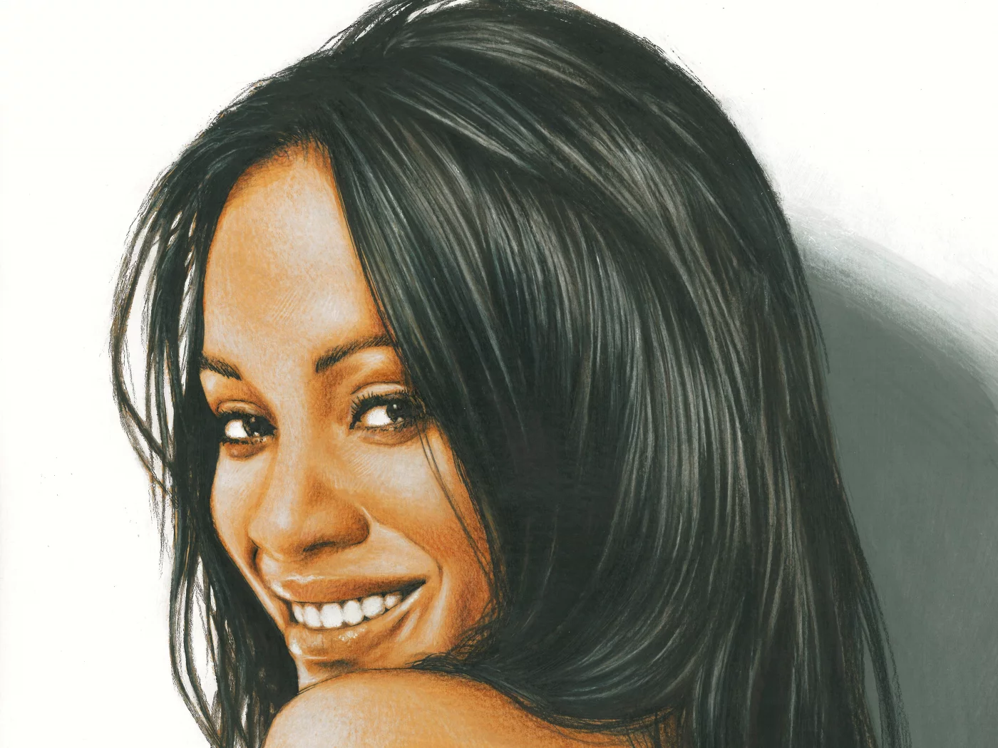 живопись, девушка, губы, zoe saldana, волосы, лицо, улыбка