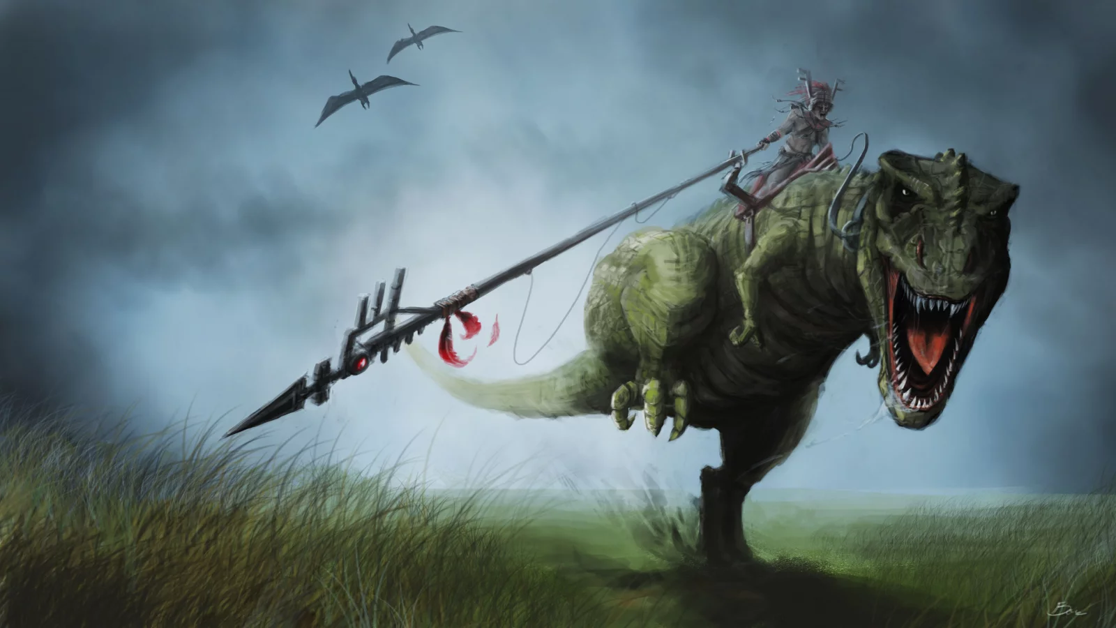 арт, динозавр, рэкс, трава, человек, наездник, t-rex
