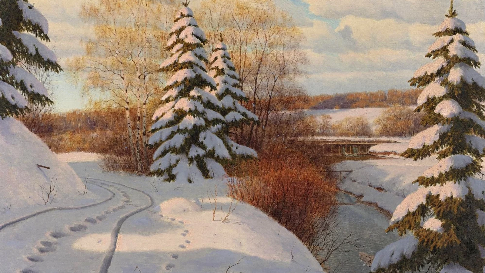 борис бессонов, река, следы, картина, снег, пейзаж, зима