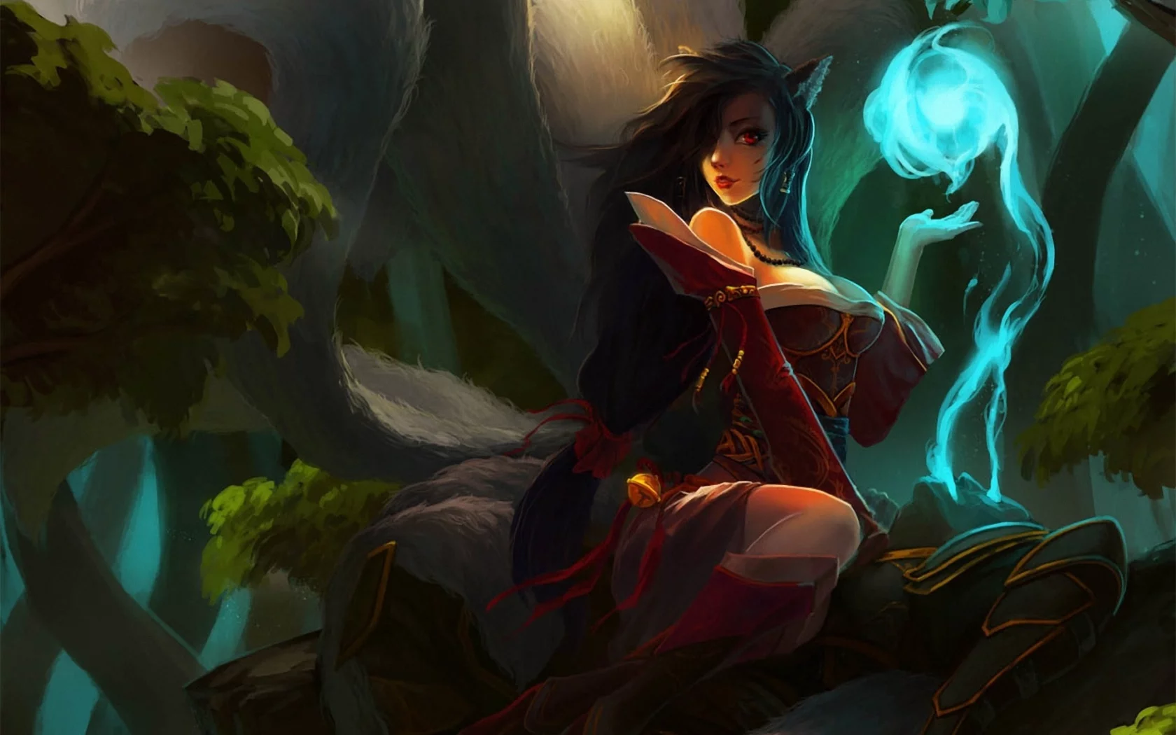 хвосты, девушка, ahri, арт, league of legends, lol, уши, магия, kan liu