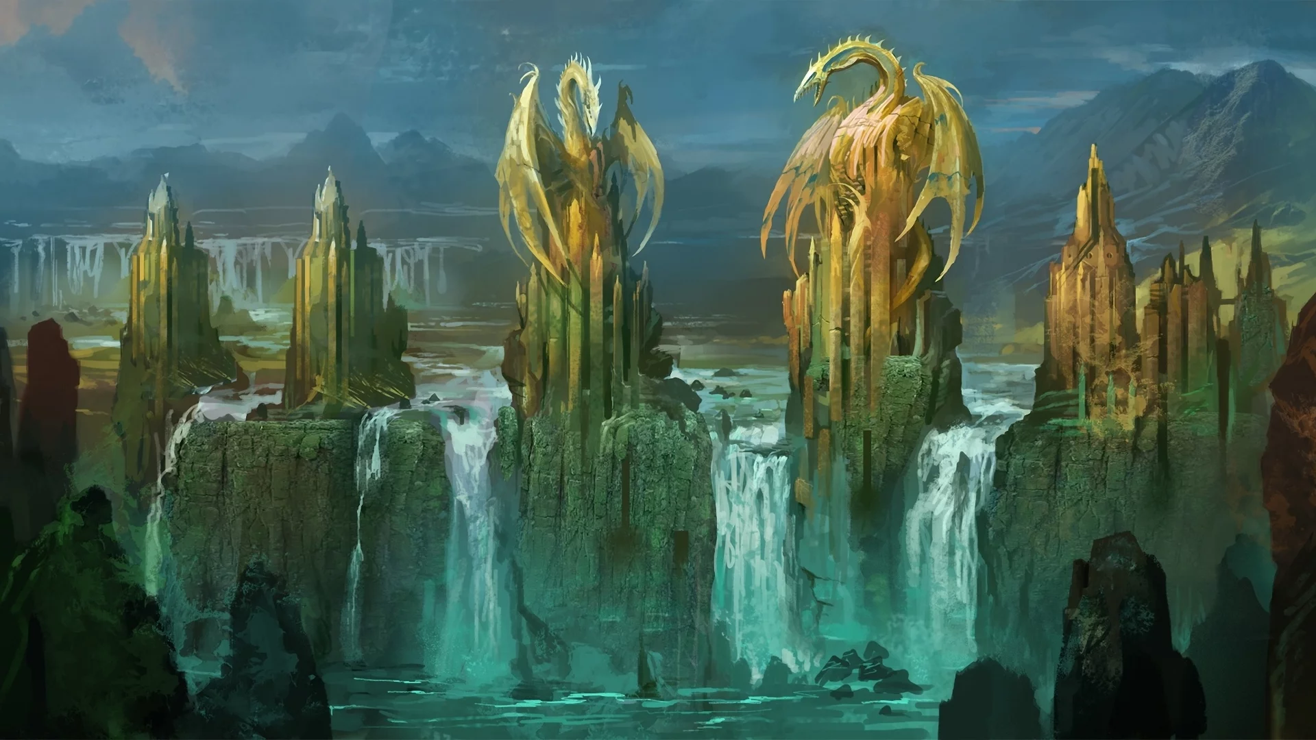 водопад, скалы, арт, статуи, башни, драконы, замок