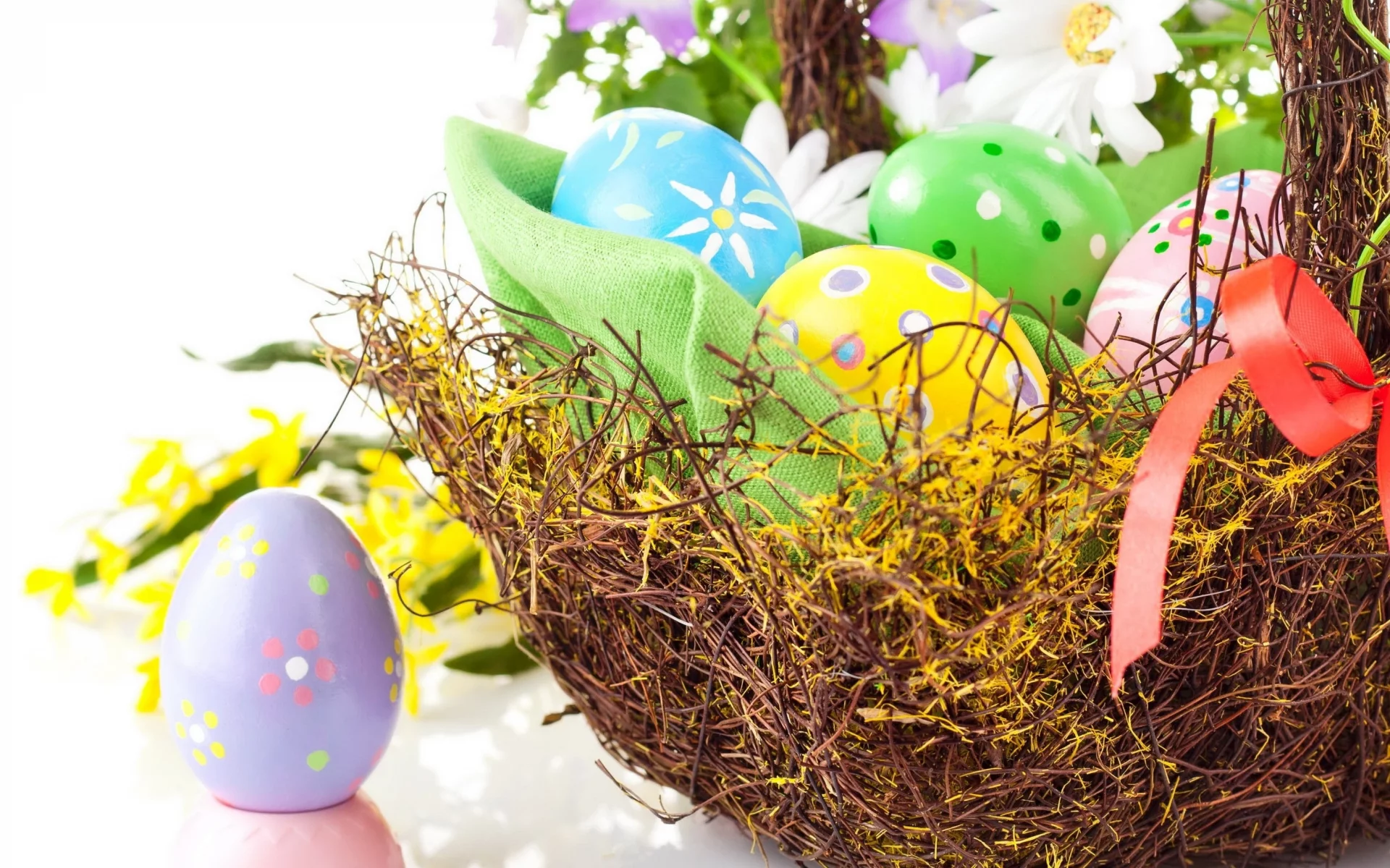 праздник, яйца, весна, лента, easter, пасха, корзина, цветы