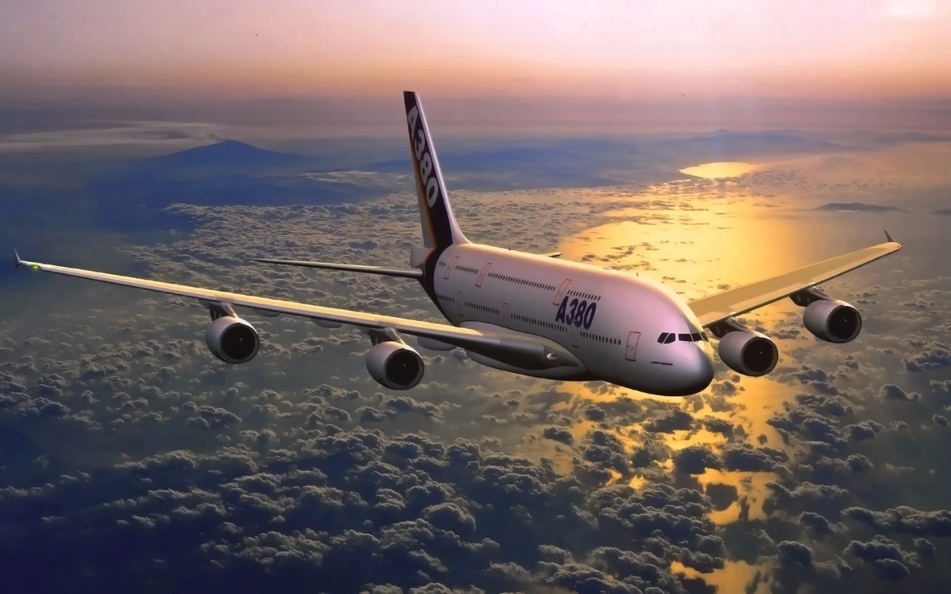 летит, airbus, a380, авиация, закат, самолет, небо, в воздухе