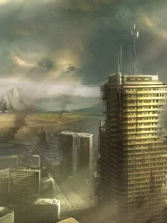 разруха, арт, горы, дым, руины, заброшенность, город