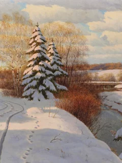 борис бессонов, река, следы, картина, снег, пейзаж, зима