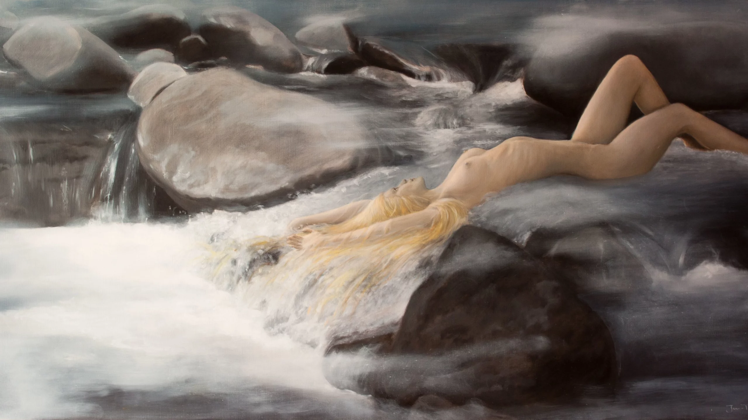 камни, лежит, живопись, девушка, течение, поза, вода, ню