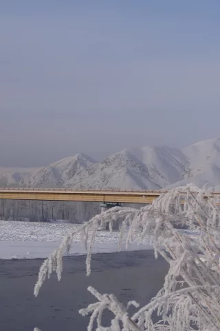 мост, енисей, сопки, тува, зима, снег