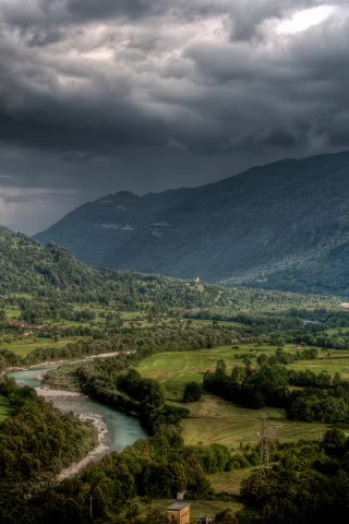 словения, небо, лето, кобарид, hdr, тучи, река соча, горы
