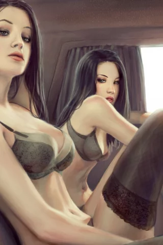 by matariil, автомобиль, девушки, in a car, арт