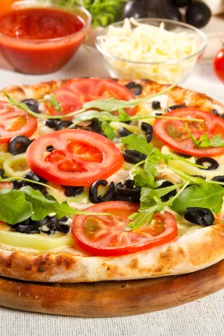 блюдо, маслины, овощи, помидоры, пицца, перец, сыр