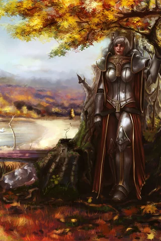 девушка, доспехи, warhammer, дерево, поза, осень, sisters of battle
