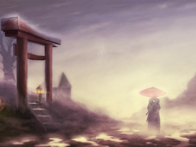 самурай, туман, пейзаж, samurai champloo, jin, мужчина, врата