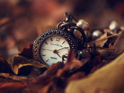 часы, циферблат, стрелки, подвеска, осень, листья