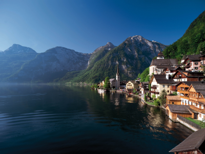 austria, озеро, лес, берег, горы, дома, городок, hallstatt, лето