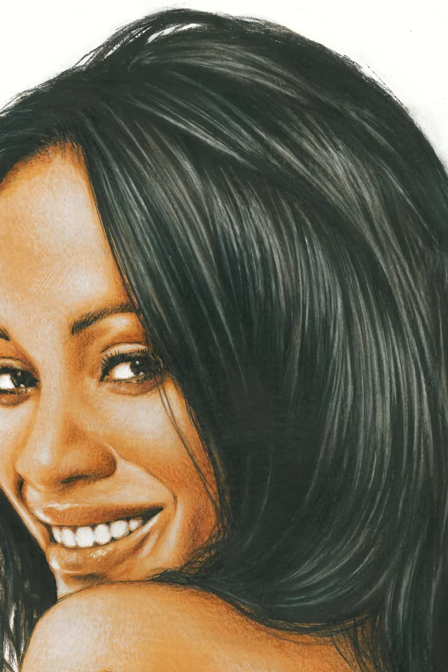 живопись, девушка, губы, zoe saldana, волосы, лицо, улыбка