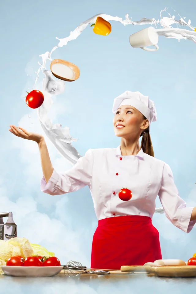 повар, девушка, овощи, помидоры, шатенка, кухня